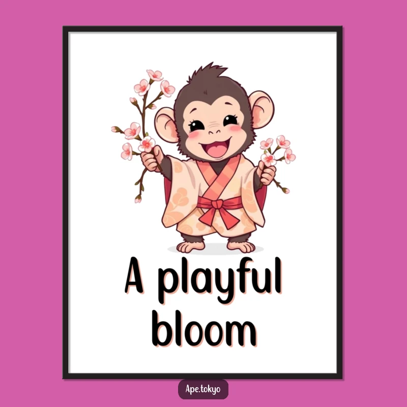 Funny Playful Ape Cherry Blossom Poster: Brighten Your Walls