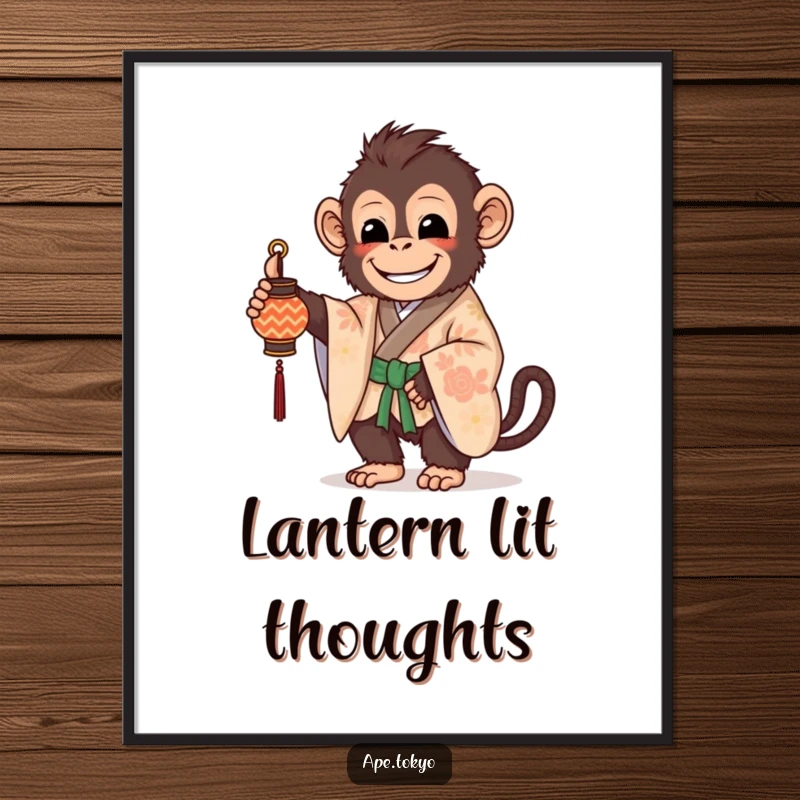 Funny Poster: A beaming ape in a patterned kimono holds a small, decorated lantern, radiating warmth and peace.