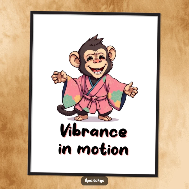 Funny Poster: A joyful ape in a vibrant kimono strikes a powerful, dynamic pose, radiating energy and fun.