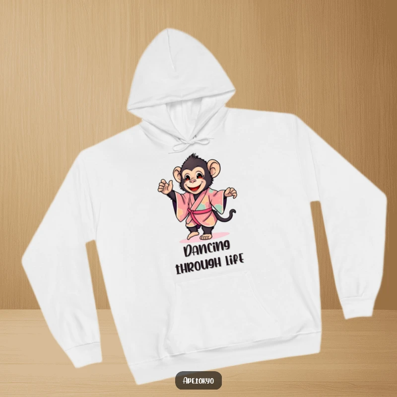 Funny ape in a vibrant kimono dancing gently, offering cozy comfort and joyful humor, a fantastic funny gift.