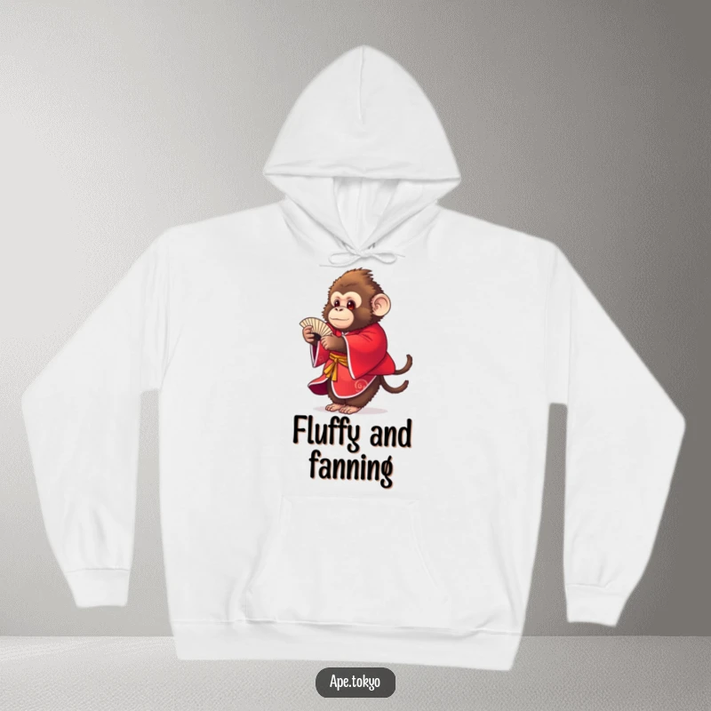 Funny round fluffy ape in a red kimono doing a graceful fan dance, cozy hoodie design, vibrant colors.