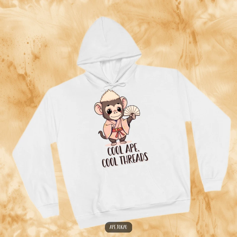 Funny, charming ape in a detailed ceremonial kimono holding a dainty fan, radiating unique humor and style, a perfect gift.