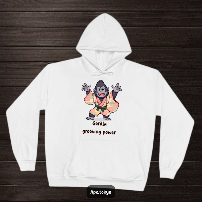 Funny Gorilla Kimono Hoodie: A joyful primate striking a dynamic dance pose in a vibrant, flowing kimono, offering cozy and hilarious style.