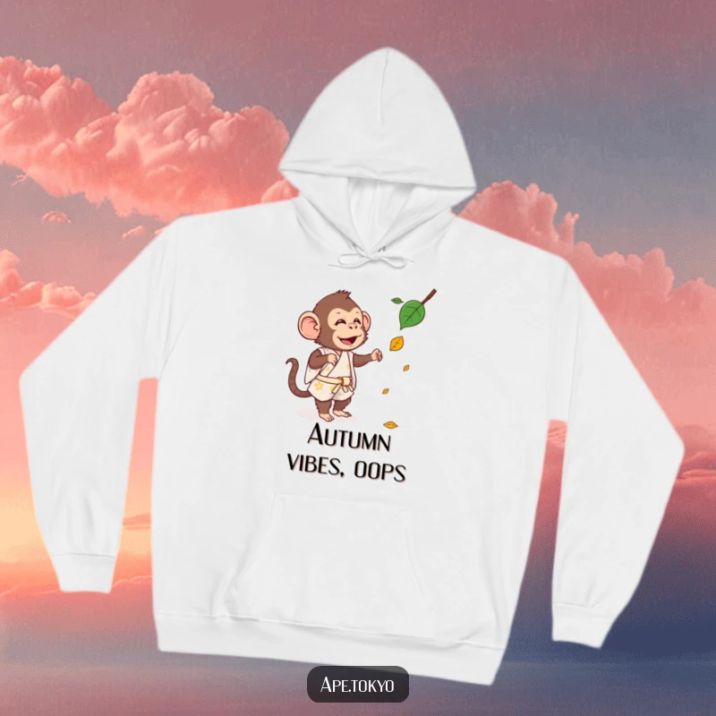 Funny Hoodie: A comical ape in a short kimono leaps playfully, attempting to catch a single drifting leaf.