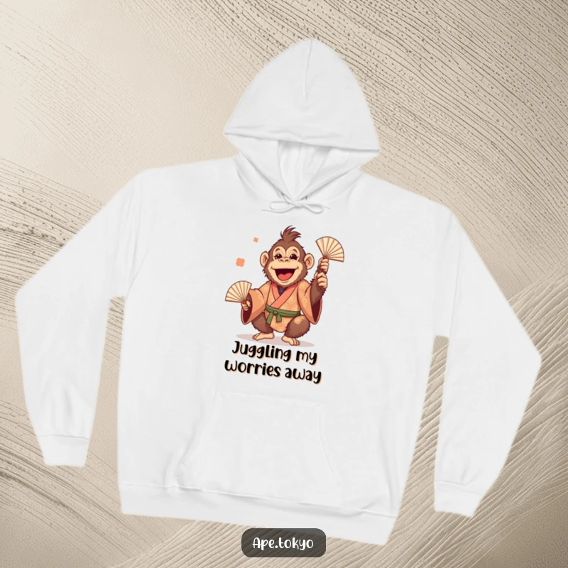 Funny Orangutan Juggling Fans Hoodie: Cheerful primate in a patterned kimono, playfully juggling fans, offering cozy and hilarious style.