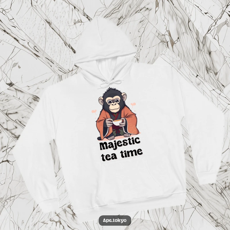 Funny majestic ape in formal kimono offering tea cup serenely, cozy hoodie, elegant design.