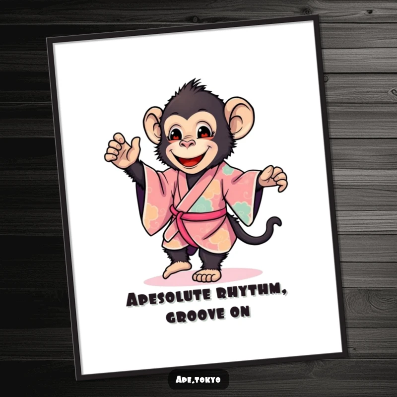 Funny Free Printable Wall Art: A smiling ape in a vibrant kimono performs a gentle dance step, full of life.