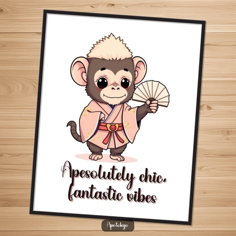 Funny Free Printable Wall Art: Charming ape in a ceremonial kimono elegantly holding a delicate fan, quirky decor.