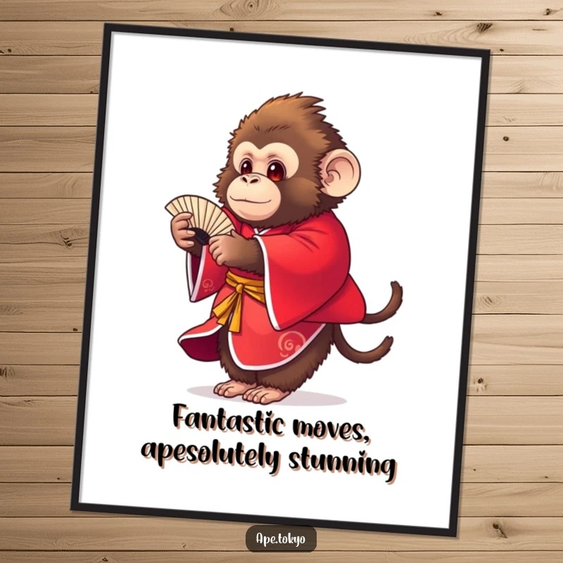 Funny Free Printable Wall Art: A round, fluffy ape in a vibrant red kimono, gracefully performing a fan dance with joy.