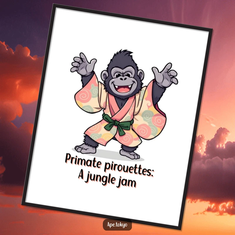Funny Free Printable Wall Art: Joyful Gorilla in a vibrant kimono, striking a dynamic dance pose with pure energy.