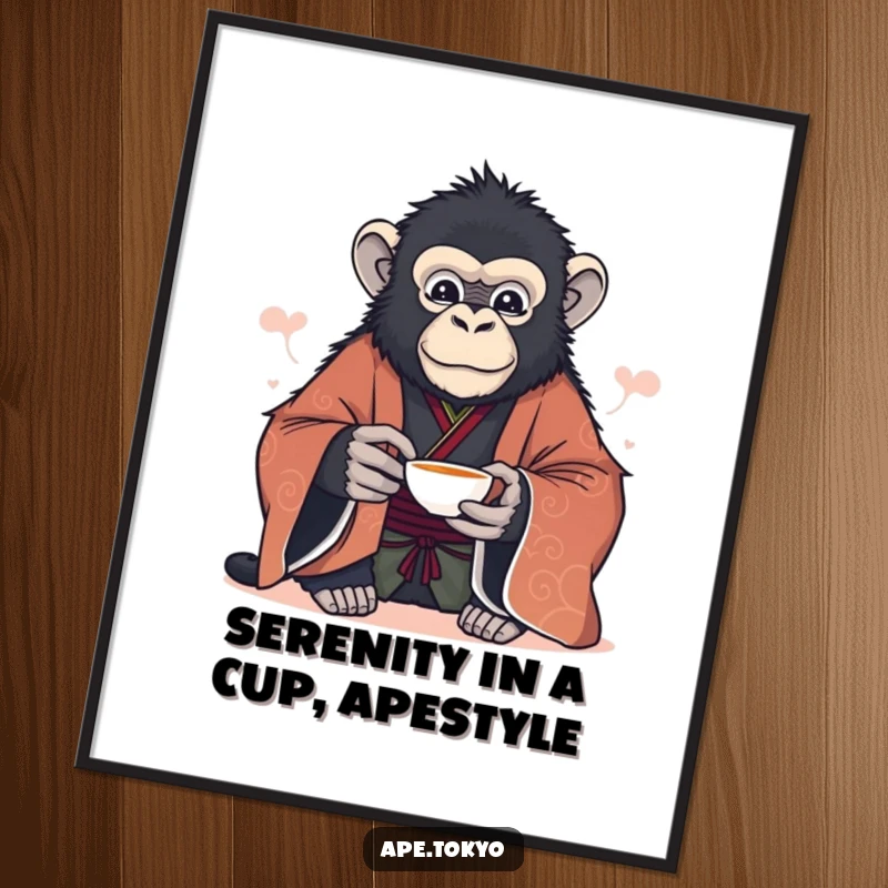 Funny Free Printable Wall Art: Majestic ape in formal kimono offers a delicate tea cup with a serene, peaceful expression.