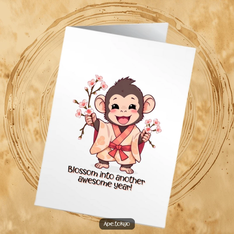 Funny Free Printable Birthday Card: Playful ape in patterned kimono excitedly holds a cherry blossom branch, celebrating.