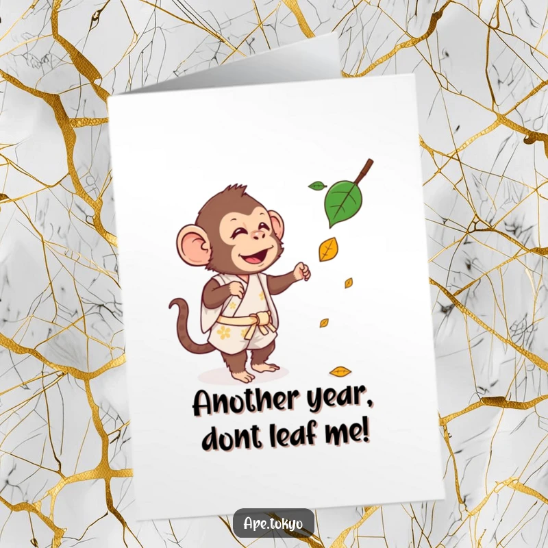 Funny Free Printable Birthday Card: A silly ape in a short kimono playfully attempts to catch a falling leaf.
