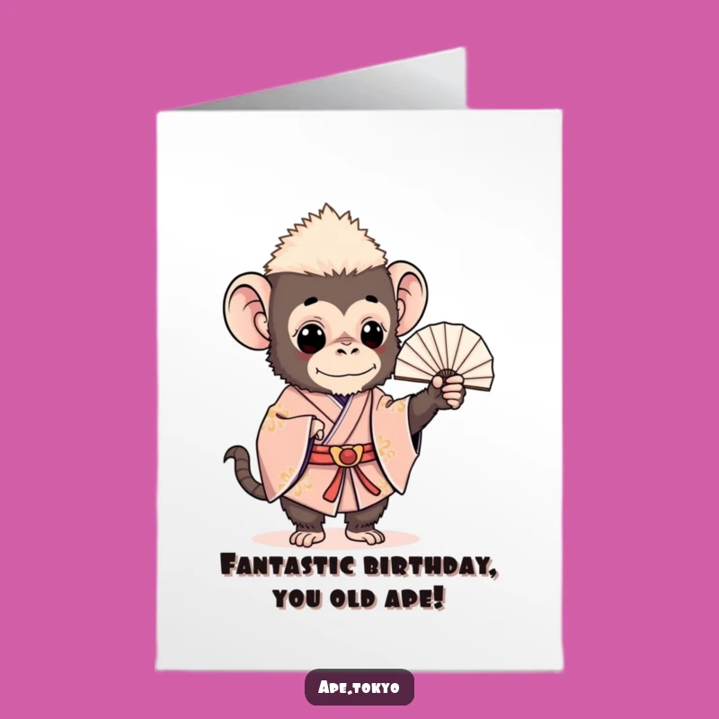 Free Printable Funny Birthday Card: Charming Ape Kimono Fan Downloadable Gift