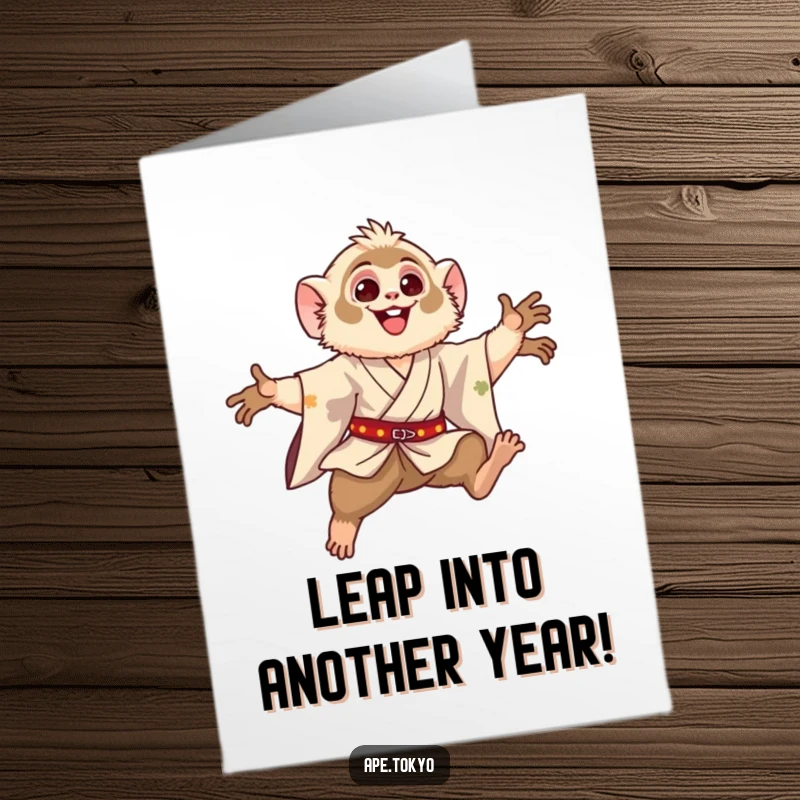 Funny Free Printable Birthday Card: Happy Gibbon in a silk kimono, mid-leap with pure exhilaration.