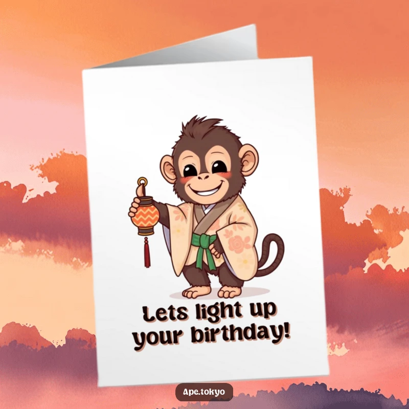 Funny Free Printable Birthday Card: A beaming ape in a patterned kimono holds a small, decorated lantern.