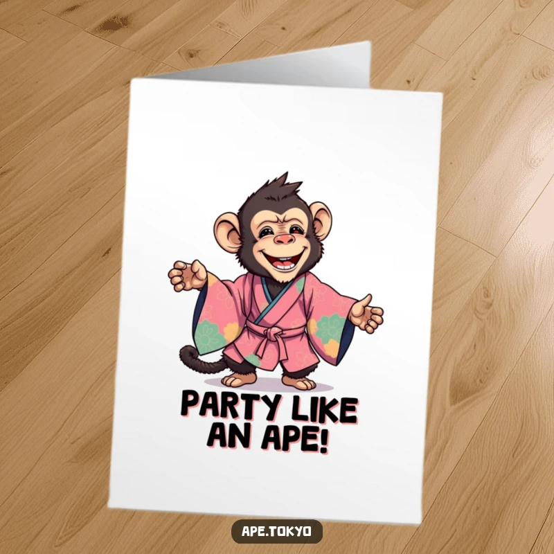 Funny Free Printable Birthday Card: A joyful ape in a vibrant kimono strikes a dynamic, celebratory pose.