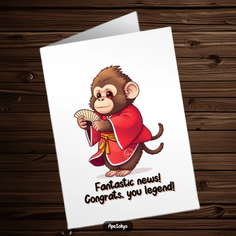Funny Free Printable Congratulations Card: Fluffy ape in red kimono gracefully performs a fan dance, celebrating success.