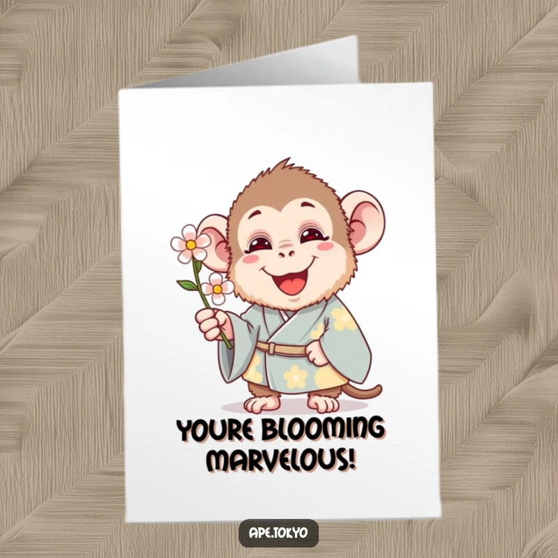 Free Printable Congrats Card: A silly ape wearing a traditional kimono excitedly presents a flower, celebrating success.