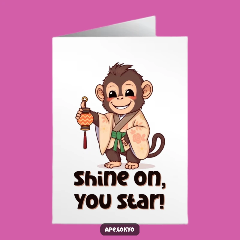 Free Printable Congrats Card: Joyful Ape with Lantern, Illuminated Downloadable Celebration Greeting