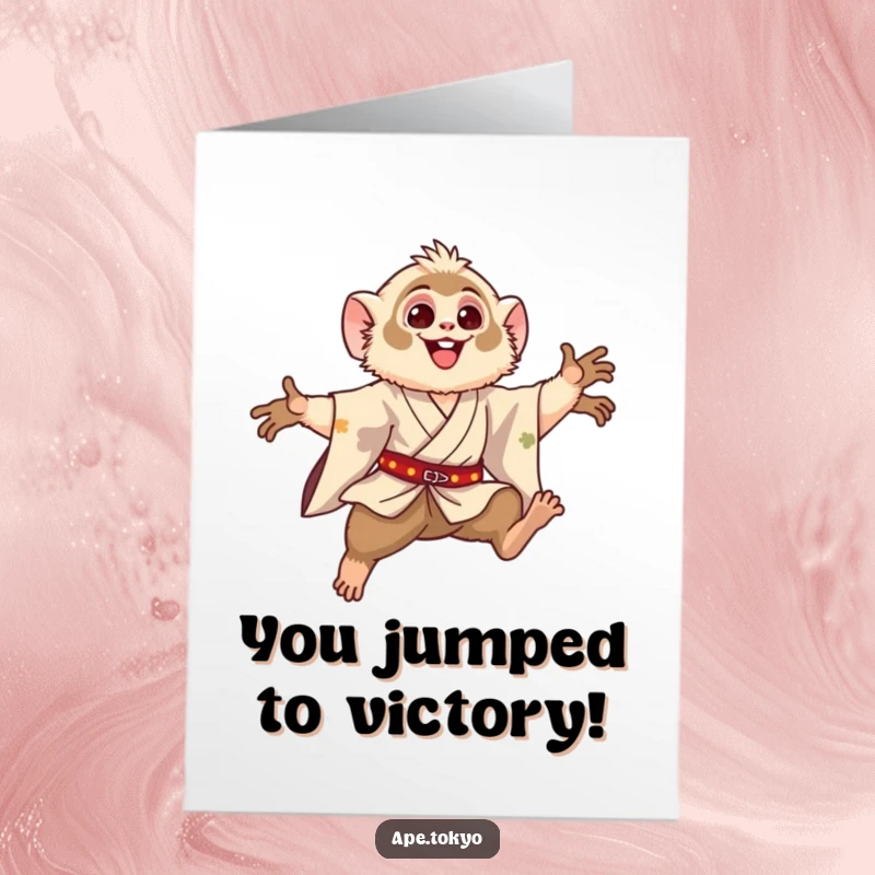 Funny Free Printable Congratulations Card: Happy Gibbon in a silk kimono, performing a graceful, triumphant leap.