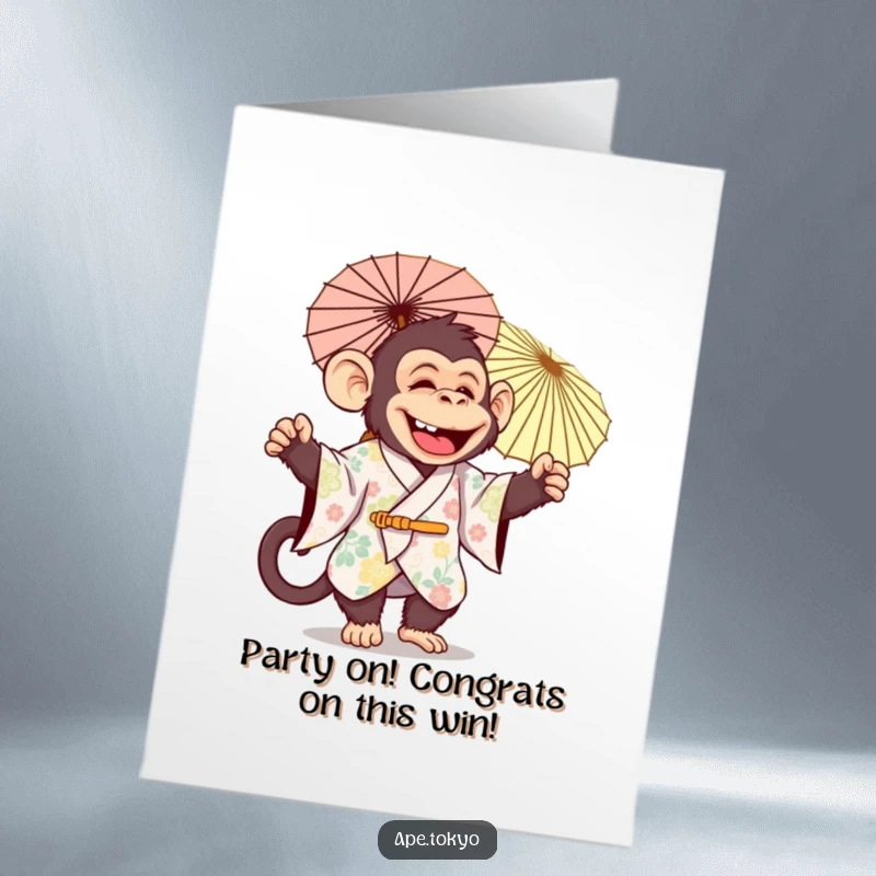 Funny Free Printable Congratulations Card: Jolly ape in festive kimono joyfully twirls a decorative parasol, celebrating achievement.