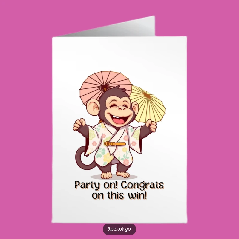Free Printable Congrats Card: Jolly Ape Parasol Dance - Funny Downloadable Celebration Gift!