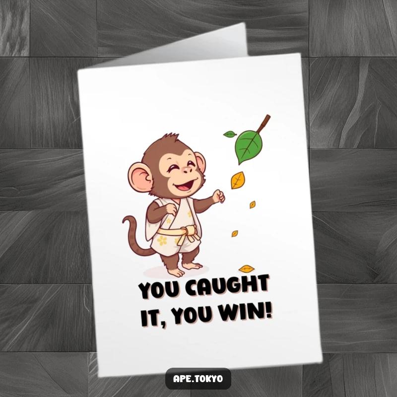 Free Printable Congrats Card: A silly ape in a short kimono is depicted mid-action, trying to catch a leaf.