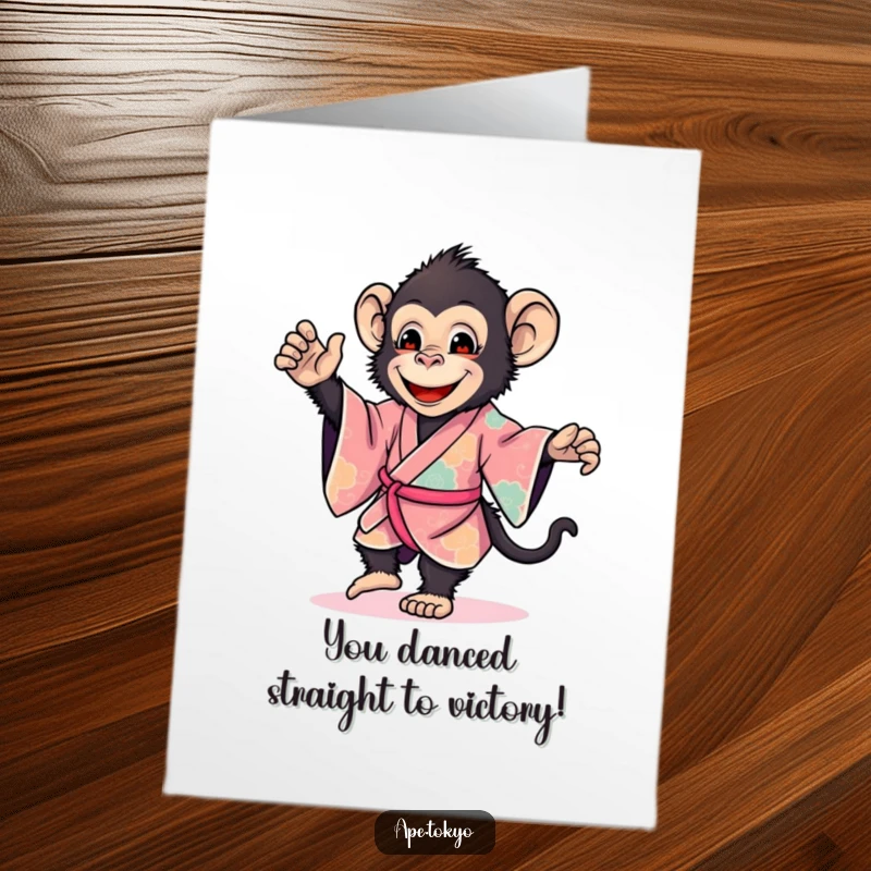 Funny Free Printable Congratulations Card: A smiling ape in a vibrant kimono does a celebratory dance step.