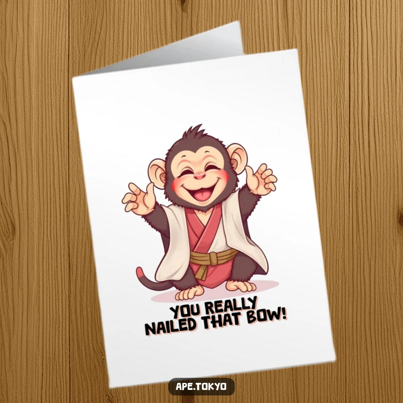 Funny Free Printable Congratulations Card: A joyful ape in a silk kimono performs a playful bow, congratulating achievements.