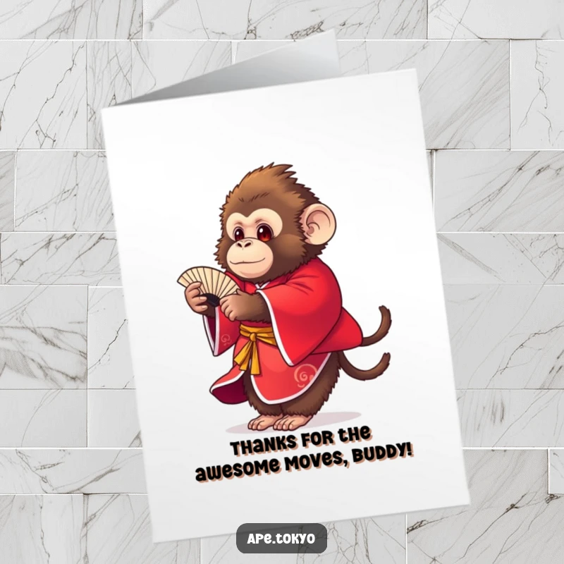 Funny Free Printable Thank You Card: Fluffy ape in red kimono performs a fan dance, a delightful way to express gratitude.