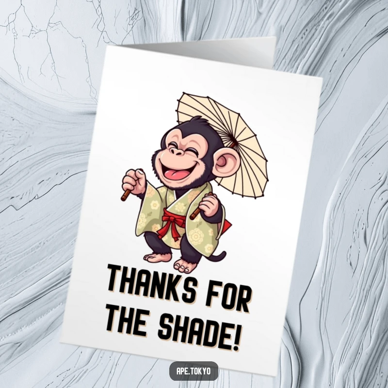 Funny Free Printable Thank You Card: Giggling Chimpanzee in a colorful kimono, playfully twirling a parasol to show thanks.