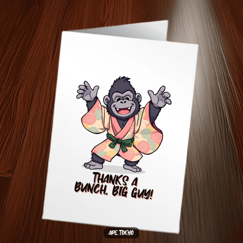 Funny Free Printable Thank You Card: Joyful Gorilla in a vibrant kimono, dancing to express heartfelt thanks.