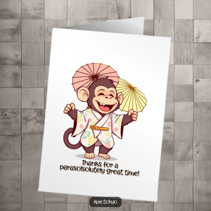 Funny Free Printable Thank You Card: Jolly ape in festive kimono joyfully twirls a decorative parasol, showing thanks.