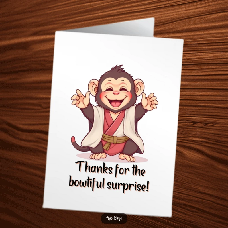 Funny Free Printable Thank You Card: A joyful ape in a kimono bows playfully, expressing heartfelt thanks.