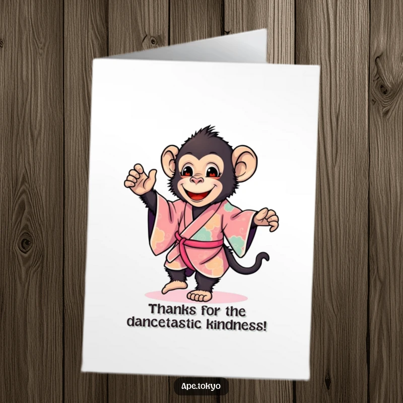 Funny Free Printable Thank You Card: A smiling ape in a kimono gently dances, expressing thanks with joy.
