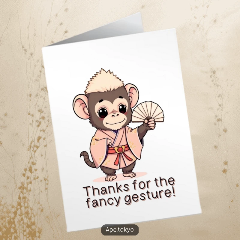 Funny Free Printable Thank You Card: A charming ape in a kimono holds a fan, conveying thanks with style.