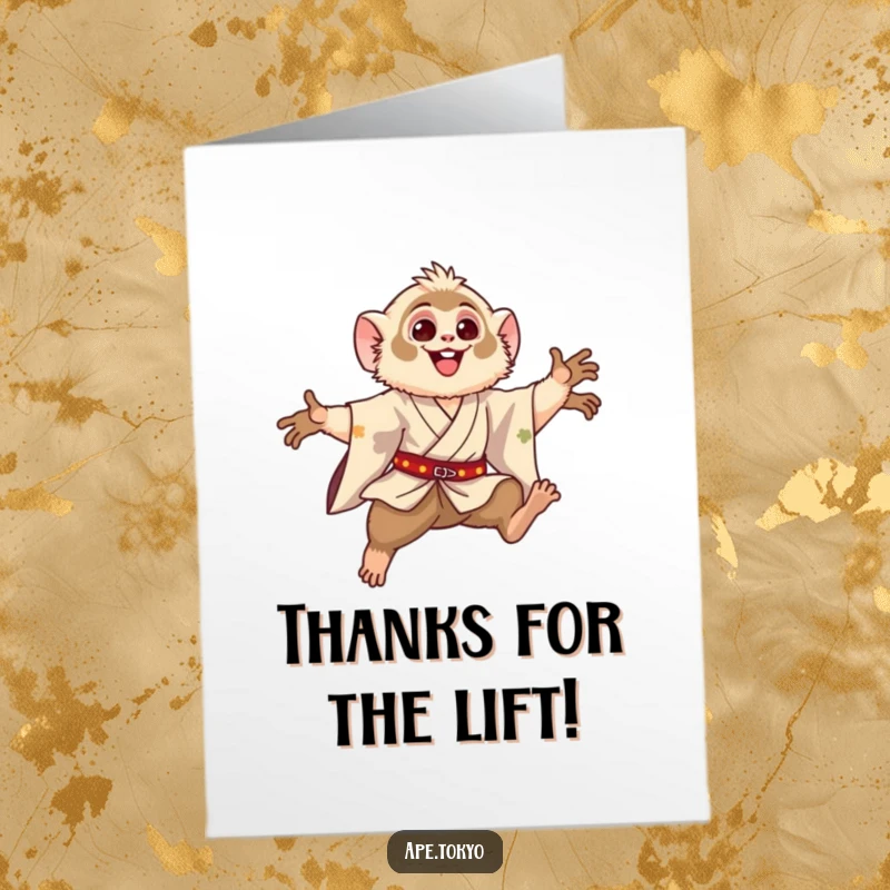 Funny Free Printable Thank You Card: Happy Gibbon in a silk kimono, leaping gracefully to express thanks.