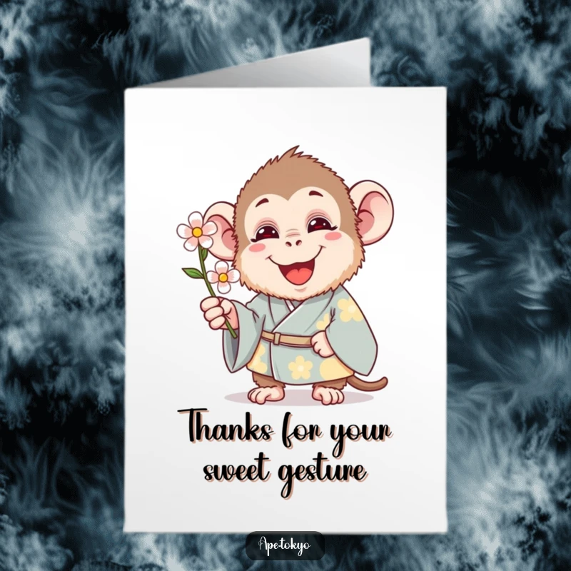 Free Printable Thank You Card: An ape in a traditional kimono offers a flower with a thankful expression.