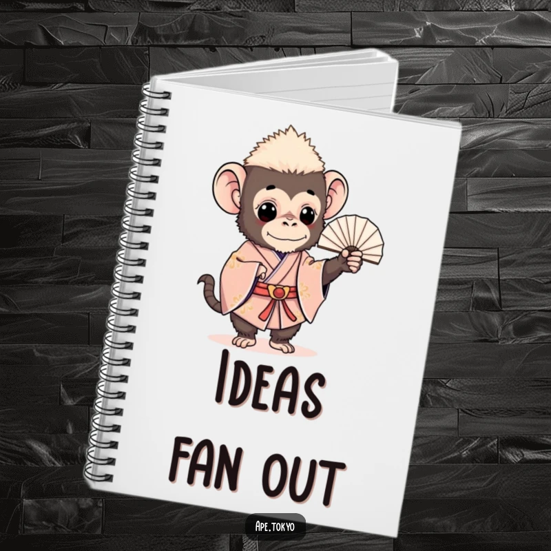 Funny ape in a ceremonial kimono holding a fan, providing charming humor for a notebook, ideal for a funny gift.