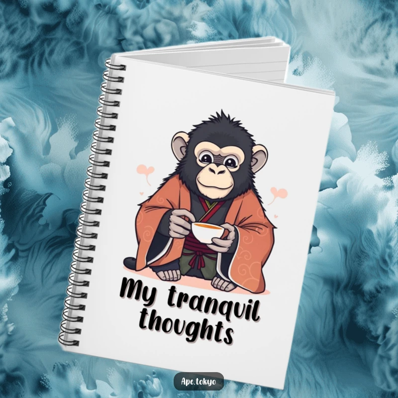 Funny majestic ape in formal kimono offering a delicate tea cup serenely, notebook cover, elegant notes.