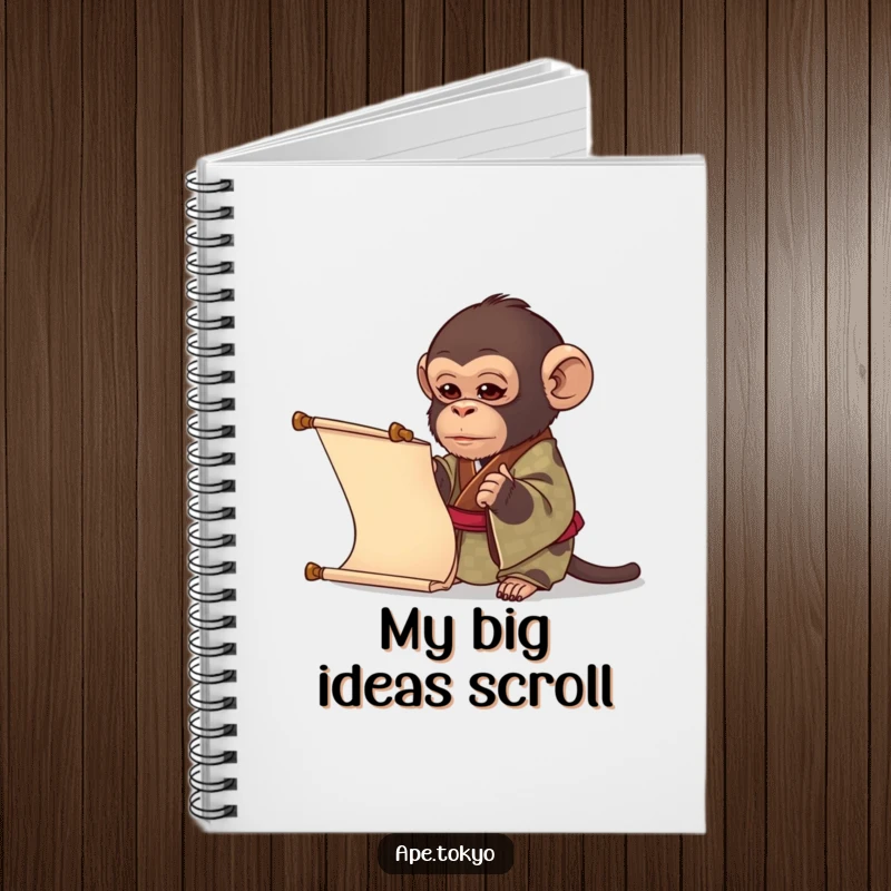 Funny ape in a patterned kimono examining a scroll, providing intellectual humor for a notebook, ideal for a funny gift.