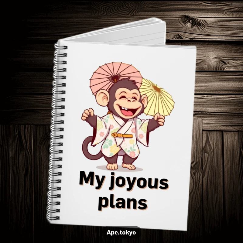 Funny jolly ape in festive kimono joyfully twirling a decorative parasol, notebook cover, festive inspiration.