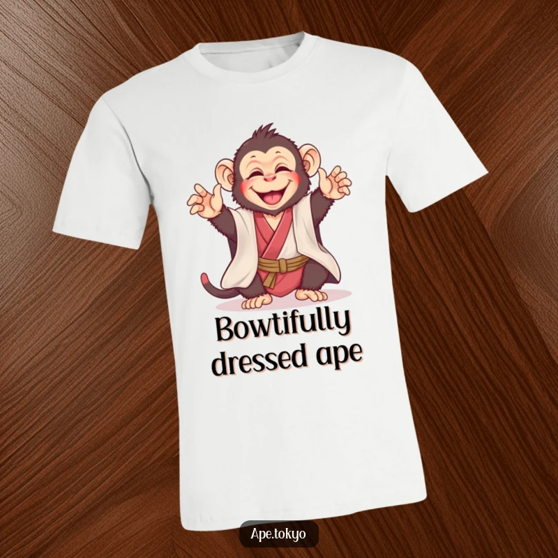 Funny ape in a silk kimono executing a joyful, playful bow, radiating happiness and humor, a perfect funny gift.