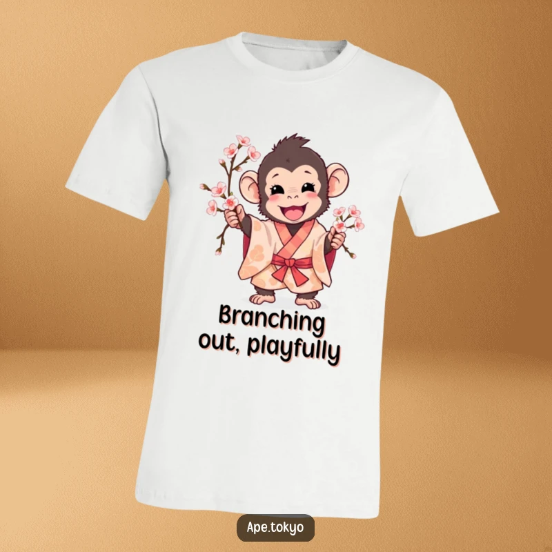 Funny playful ape in a patterned kimono excitedly holding a cherry blossom branch, t-shirt graphic.