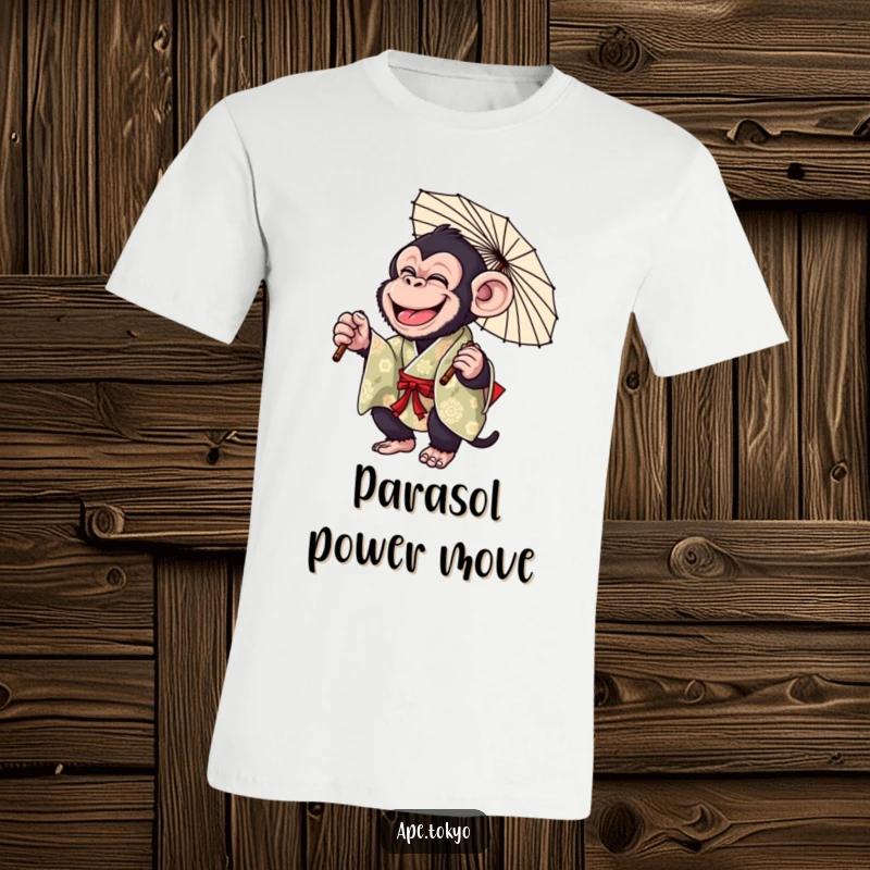 Funny Chimp Parasol Twirl T-Shirt: Giggling chimpanzee in a colorful kimono, playfully twirling a parasol, showcasing hilarious charm.