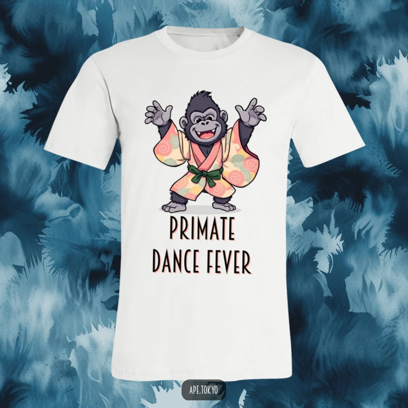 Funny Gorilla Kimono T-Shirt: Joyful primate in a dynamic dance pose, wearing a vibrant, flowing kimono for hilarious, eye-catching style.