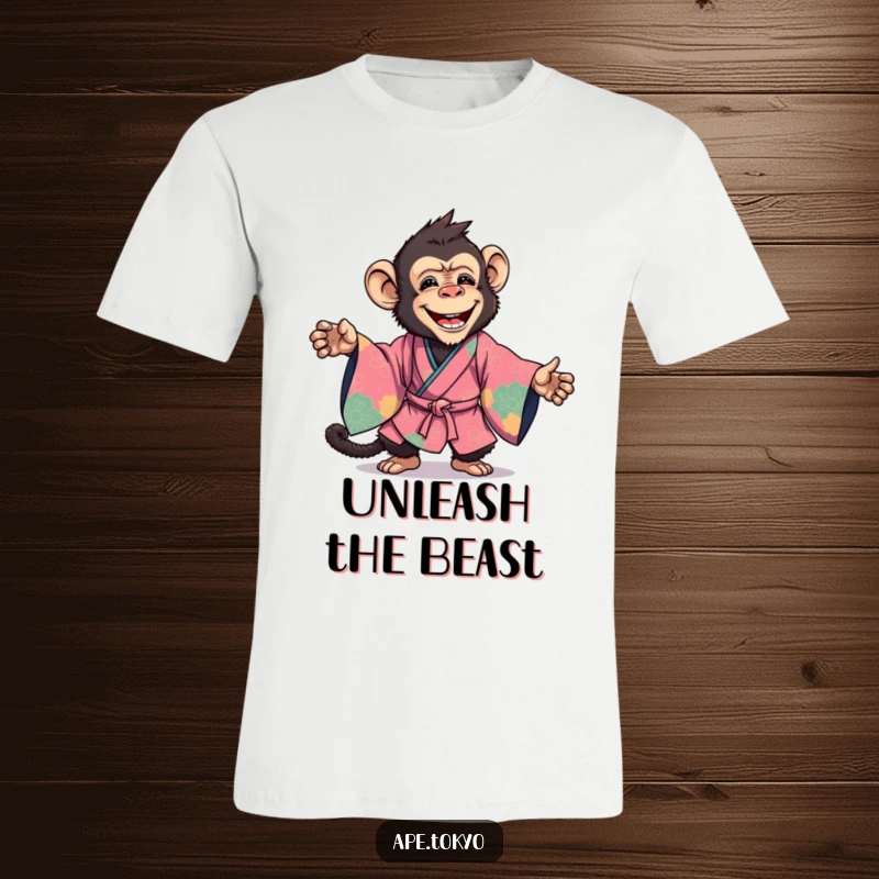 Funny T-Shirt: A joyful ape wearing a vibrant kimono strikes an energetic and dynamic pose, full of life.