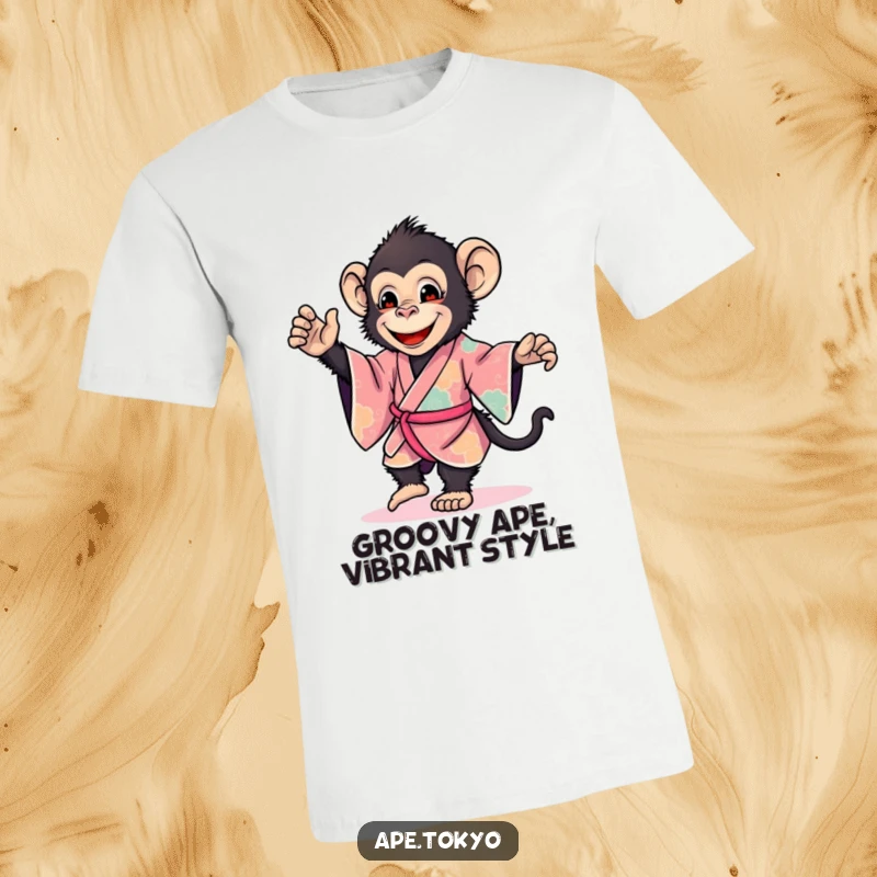 Funny ape in a vibrant kimono doing a gentle dance step with a smile, radiating joy and humor, a great funny gift.