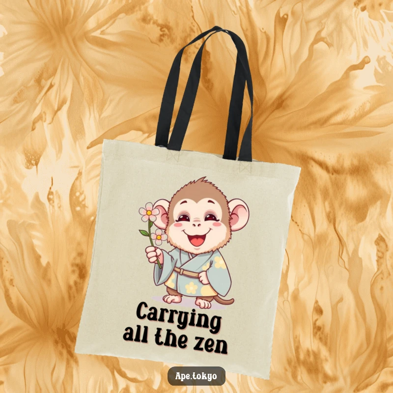 Funny Tote Bag: A smiling ape in a traditional kimono holds out a single, lovely flower, ready to share.